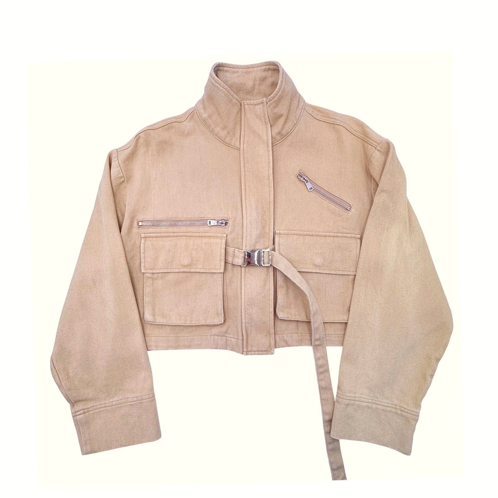Eggie Utility Cropped Jacket Khaki Tan Cotton Cargo Buckle Pocket Jacket Women's